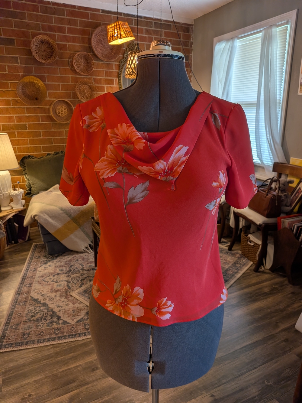 Studio I Red Floral Cowl-Neck Blouse